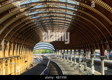 Diesel train stationed on the Harrogate line at York Railway Station with a steel curved roof overhead.,York, North Yorkshire,England,UK Stock Photo