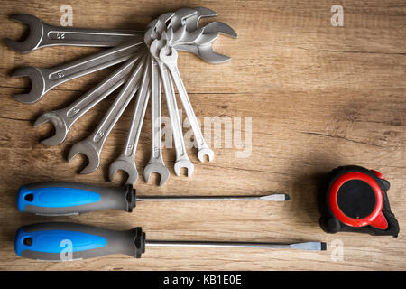 set of tools on wooden background Stock Photo