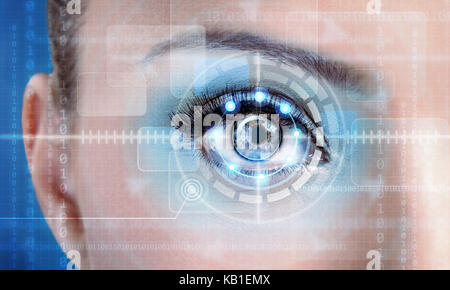 Technology scan female eye for security or identification, eye with scanner and computer interface Stock Photo