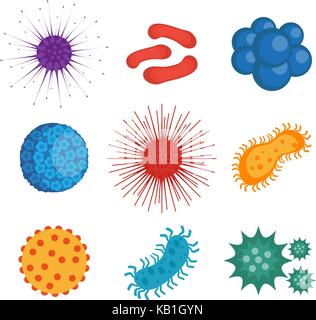 Viruses and bacteria set of icons, flat style. Parasites infection collection design elements, isolated on white background. Medicine, diseases concept. Vector illustration. Stock Vector