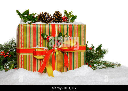 A gift wrapped Christmas present with holly and snow against a white background. Stock Photo
