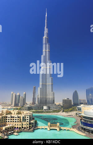 View at the Emaar park and the Burj Khalifa Gebäude, Dubai, Stock Photo