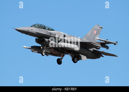 Modern military aircraft. Polish Air Force F-16D combat jet plane on approach, equipped with conformal fuel tanks (CFTs) on the fuselage Stock Photo