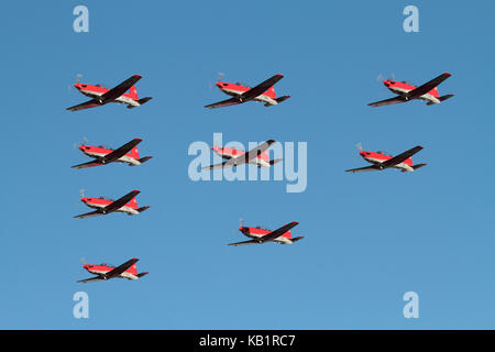 The Swiss Air Force PC-7 aerobatic display team flying in formation Stock Photo