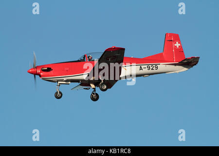 A Pilatus PC-7 aircraft of the Swiss Air Force PC-7 display team on approach for landing Stock Photo