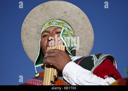 Bolivia, Tiahuanaco, Andines New Year festival, musician, panpipes, Stock Photo