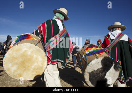 Bolivia, Tiahuanaco, Andines New Year festival, musician, drumming, Stock Photo