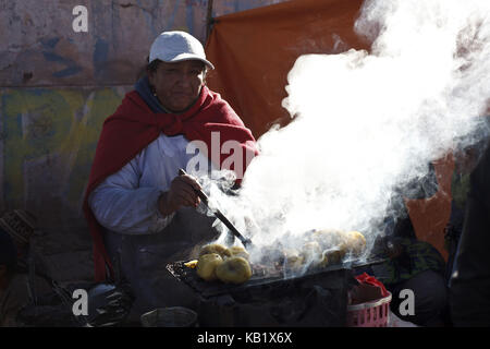 Bolivia, Tiahuanaco, Andines New Year festival, cookshop, woman, Stock Photo