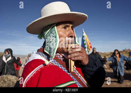 Bolivia, Tiahuanaco, Andines New Year festival, musician, panpipes, Stock Photo