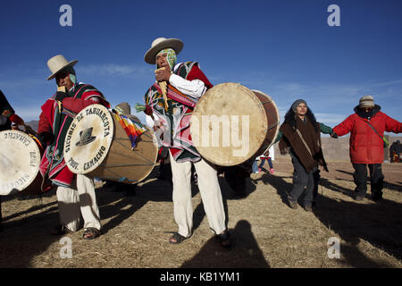 Bolivia, Tiahuanaco, Andines New Year festival, musician, panpipes, drumming, Stock Photo