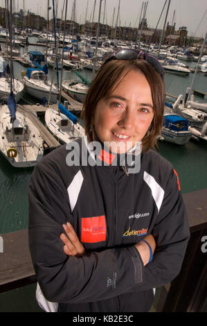 Olympic yachtswoman Katie Miller in the Royal Southampton Yacht Club marina. Stock Photo