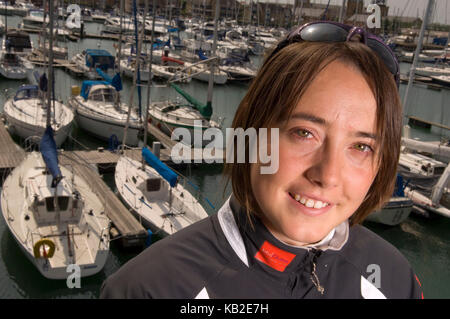 Olympic yachtswoman Katie Miller in the Royal Southampton Yacht Club marina. Stock Photo