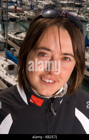 Olympic yachtswoman Katie Miller in the Royal Southampton Yacht Club marina. Stock Photo