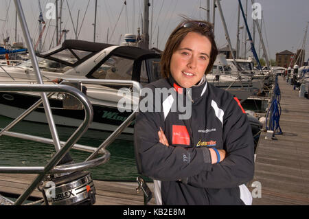 Olympic yachtswoman Katie Miller in the Royal Southampton Yacht Club marina. Stock Photo