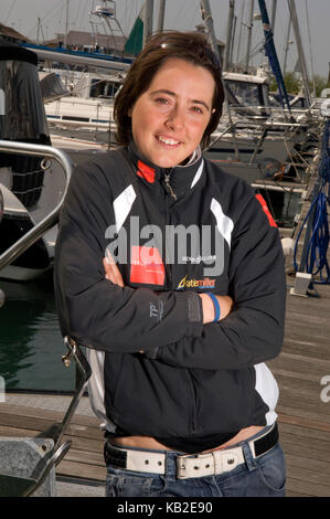 Olympic yachtswoman Katie Miller in the Royal Southampton Yacht Club marina. Stock Photo