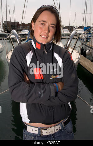 Olympic yachtswoman Katie Miller in the Royal Southampton Yacht Club marina. Stock Photo