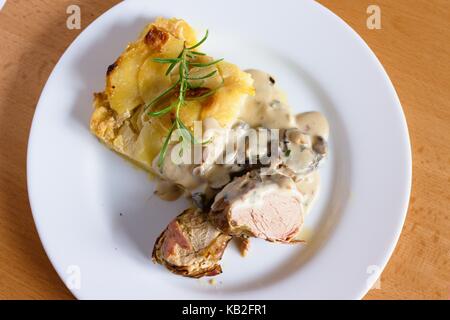 Top down view of serving of tenderloin chops with mushroom sauce and roasted potatoes Stock Photo