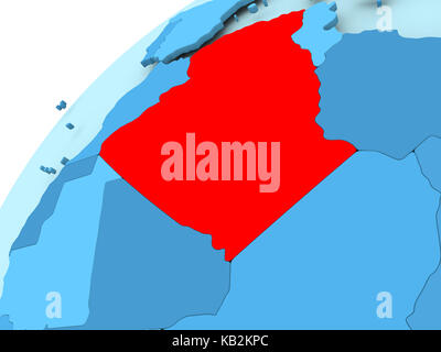 Algeria in red on blue model of political globe. 3D illustration. Stock Photo