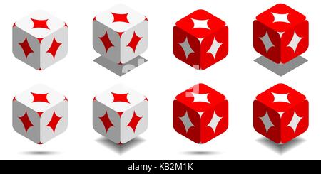 Cube with card diamond in red and white colors, isometric cube with card suit on sides, vector icon of playing diamond Stock Vector