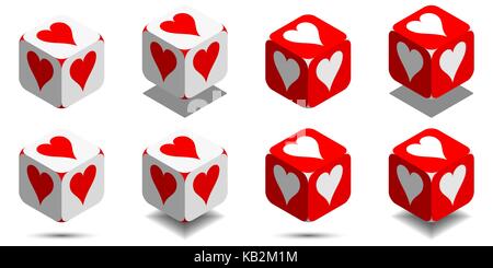 Cube with card heart in red and white colors, isometric cube with card suit on sides, vector icon of playing heart Stock Vector