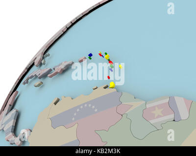 Caribbean on political globe with embedded flags. 3D illustration. Stock Photo