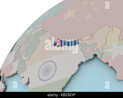 Nepal on political globe with embedded flags. 3D illustration. Stock Photo