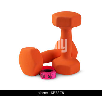 Two orange plastic coated dumbbells with measuring tape isolated on white.  Fitness and healthy lifestyle  weight control concept Stock Photo