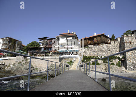 Stone coast, houses, Sozopol, the Black Sea, Bulgaria, Europe, Stock Photo