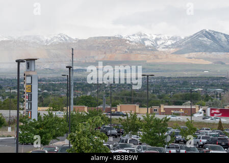 The heavily developed Salt Lake Valley.   The Kennecott copper mine is in the background. Stock Photo