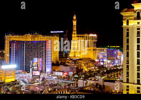 A skyline nighttime view of several casino's and resort on Las Vegas Blvd in Las Vegas, Nevada. Stock Photo