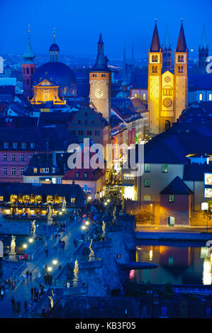 City of Wurzburg, UNESCO-world cultural heritage, medieval Main bridge with Old Town in the evening light, Stock Photo