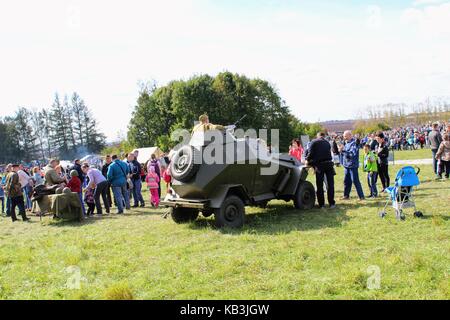 The International Military and Historical Festival 'Kulikovo Field': Red Army soldier on the tower of an armored personnel carrier. Stock Photo