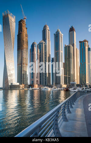 UAE, Dubai, Dubai Marina, high rise buildings including the twisted Cayan Tower, morning Stock Photo