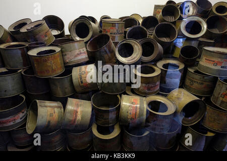 Zyklon B canisters used in the Auschwitz WWII nazi concentration camp's gas chambers, Poland Stock Photo