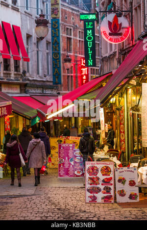 Belgium, Brussels, Rue des Bouchers, restaurant street, evening Stock Photo