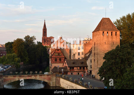 France, Bas Rhin, Strasbourg, old town listed as World Heritage by UNESCO, the Covered Bridges over the River Ill and Notre Dame Cathedral Stock Photo