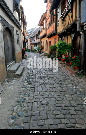 France, Haut Rhin, Alsace Wine Route, Eguisheim, labelled Les Plus Beaux Villages de France (The Most Beautiful Villages of France), traditional half timbered houses Stock Photo