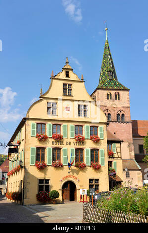 France, Haut Rhin, Turckheim, Place Turenne, the city hall and the church Stock Photo