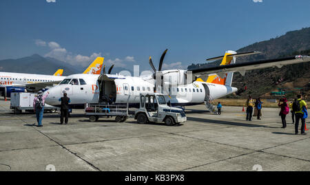 Paro, Bhutan - April 9, 2016: The only international airport of Bhutan is Paro Airport which considered one of the world's most challenging aiports. - Stock Photo