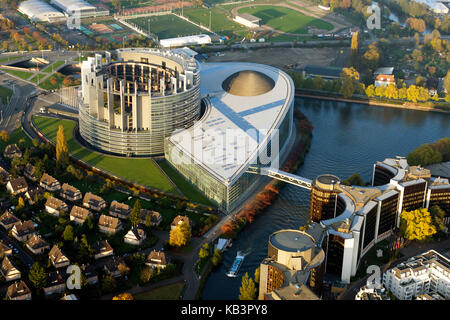 France, Bas Rhin, Strasbourg, European district with the European Parlement (Air sight)