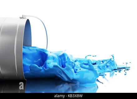 3d illustration. Blue paint splashing out of can. Isolated white background Stock Photo