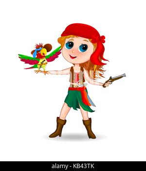 Girl and parrot. Girl in pirate costume with a parrot on his arm. The girl with the parrot on a white background. Stock Vector