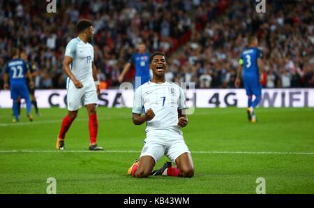 Marcus Rashford of England celebrates scoring the winning goal during the FIFA World Cup Qualifier match between England and Slovakia at Wembley Stadium in London. 04 Sep 2017 Stock Photo