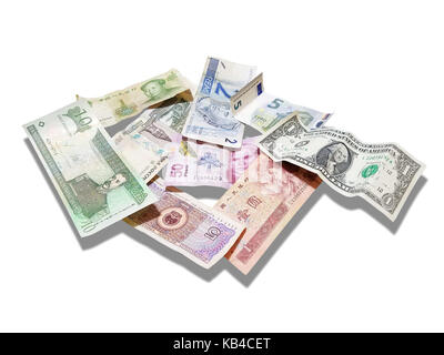 Money from various countries. US dollar, European euro, Russian ruble, Dominican peso, Mexican peso, Brazilian real, and Chinese yuan, isolated over w Stock Photo