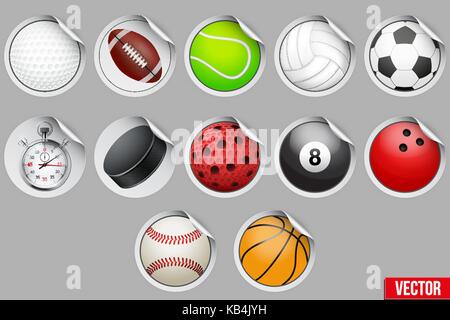 Round Stickers with sport balls and equipment. Stock Vector