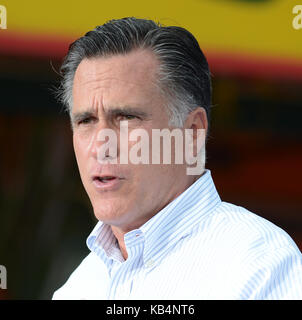 MIAMI, FL - AUGUST 13: Romney appeared at El Palacio de los Jugos, which is owned by Reinaldo Bermudez. Court records show that Bermudez pleaded guilty to one count of conspiracy to distribute cocaine in 1999 and served three years in federal prison.  Republican presidential candidate and former Massachusetts Governor Mitt Romney during a campaign rally at Palacio De Los Jugos   after announcing Rep. Paul Ryan (R-WI) as his running mate.  Willard Mitt Romney (born March 12, 1947) is an American businessman and politician who is the presumptive nominee of the Republican Party for President of t Stock Photo