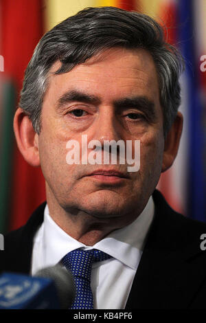 NEW YORK - NY - MARCH 25: Gordon Brown speaks at the UN for a press confrence - James Gordon Brown MP (born 20 February 1951) is leader of the Labour Party and Prime Minister of the United Kingdom of Great Britain and Northern Ireland. Brown assumed office in June 2007, after the resignation of Tony Blair and three days after becoming leader of the governing Labour Party. Before this, he served as Chancellor of the Exchequer in the Labour government from 1997 to 2007 under Blair..  on March 23, 2009 in New York City, New York   People:  Gordon Brown  Transmission Ref:  MNC1  Credit: Hoo-Me.com Stock Photo