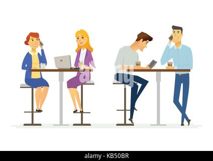Collegues on a lunch break - modern cartoon people characters illustration. A group of cheerful men and women sitting at the table, talking on the pho Stock Vector