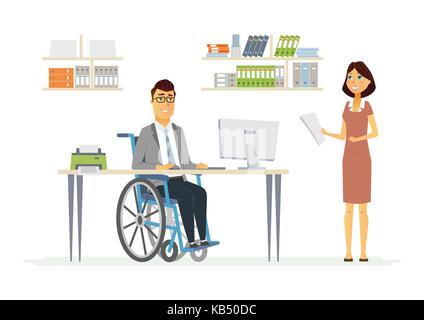 Person with disabilities at work - modern cartoon people characters illustration with a handicapped man in wheelchair and smiling woman in a comfortab Stock Vector