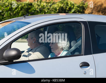 Pair of elderly women in a car. Stock Photo